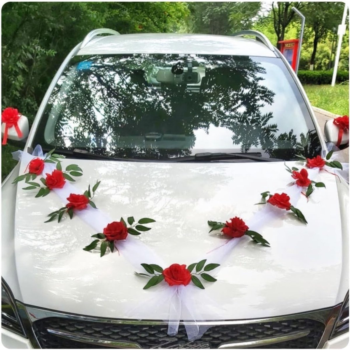 Bruiloft, bruiloftsfeest, autodecoratie, kunstzijden bloemen met zuignap, tule, slinger, bruiloftsauto, motorkap, decoratie met 2 tule, 1,6 m en 9 bloemen & 2 spiegelbloemen,