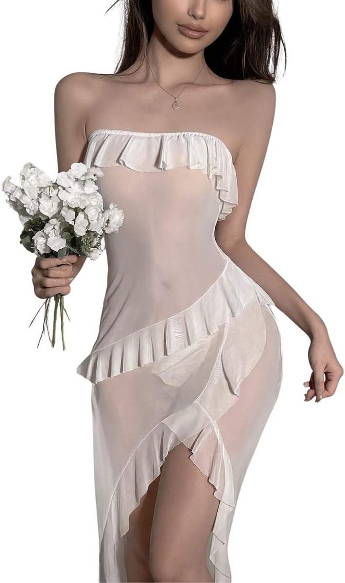 Lingerie voor dames, netstof, zonder bandjes, ruches, babydoll, wit