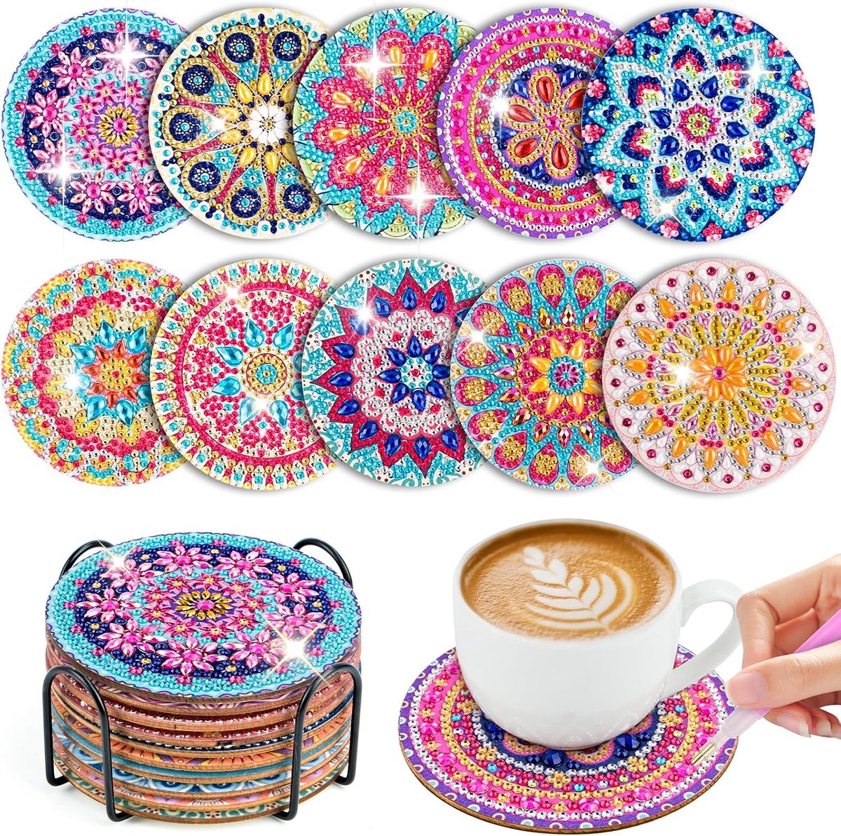 10 diamantkunst onderzetters met houder, voor kopjes, diamantkunst voor volwassenen, mandala diamantkunst, doe-het-zelf 5D mandala onderzetters, antislip, voor beginners, volwassenen en kinderen