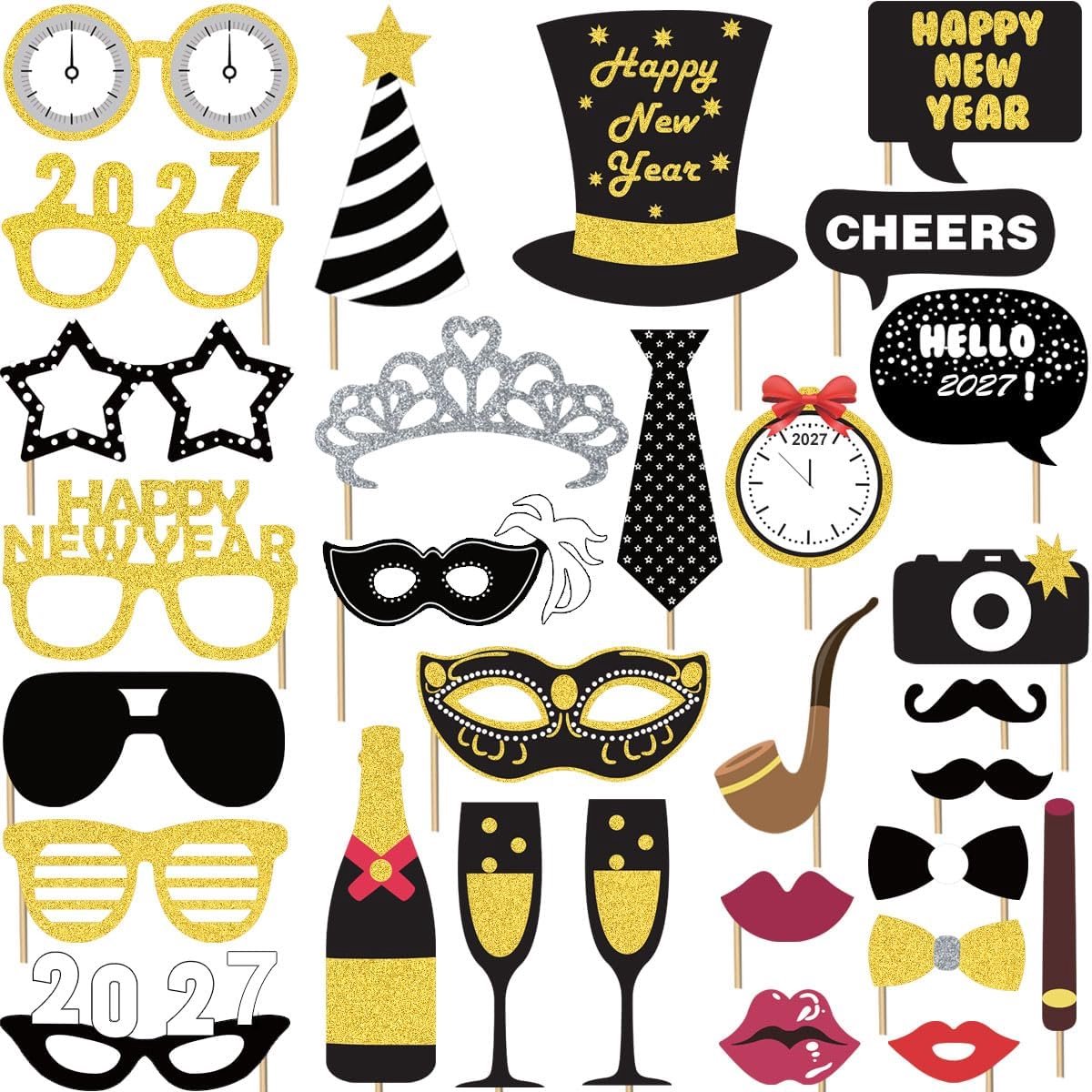 Fotohokje accessoires 2025-30 stuks - glitter goud en zilver - duurzame kwaliteit - voor feestelijke selfies - ShopVlot