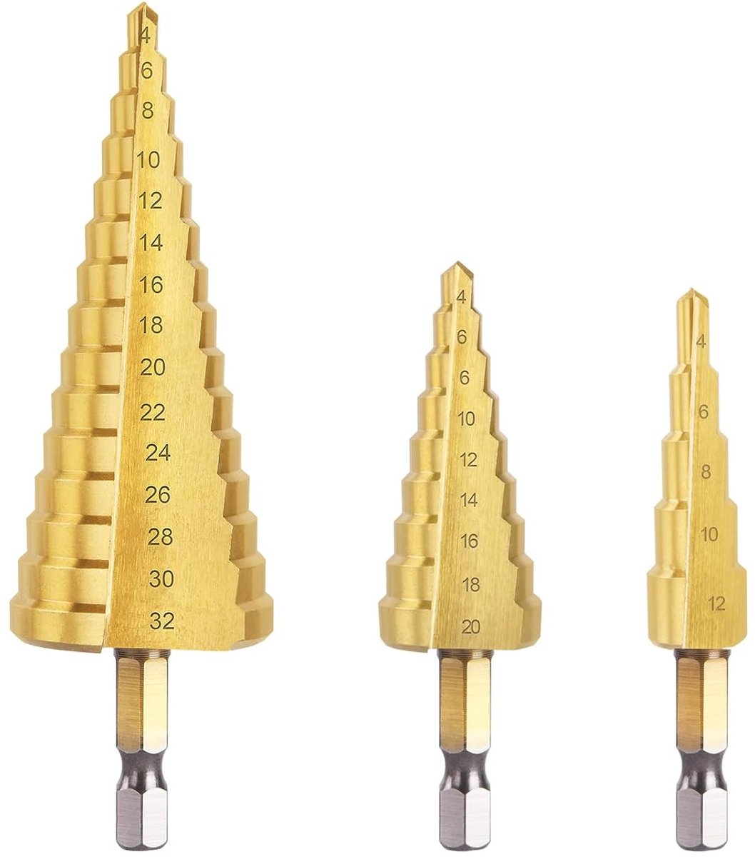 Dailygoods - Step Drill Bit Set - HSS Titanium Coated - 4mm tot 32mm - Voor Plastic Hout en Metaal - Duurzaam en Efficiënt - 3 Stuks - Geschikt voor D...