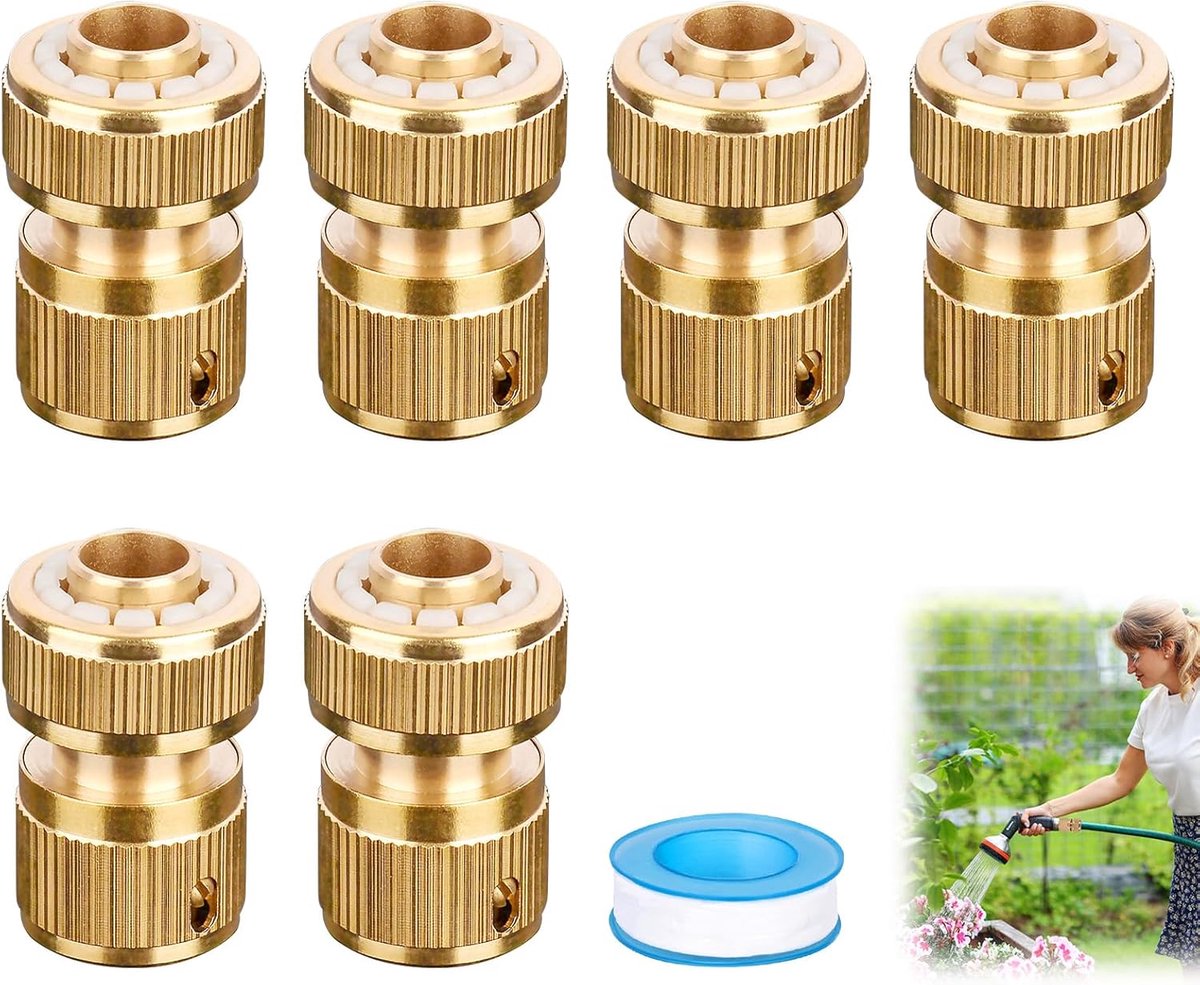 SnelShoppen - Brass Hose Connector, 6 Stuks Tuinslang Koppelingen, 1/2 Inch, Snelle Aansluiting, Koper Tuinslang Connector voor Waterkraan