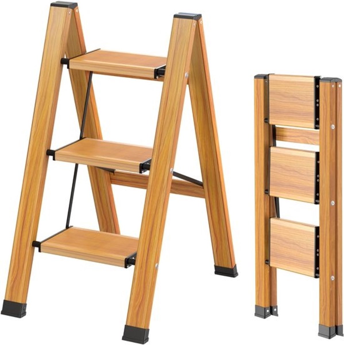 Trapladder - 3 treden - Aluminium vouwladder - voor huishoudelijk werk - met houtnerfafwerking - 150 kg belasting - Zwart