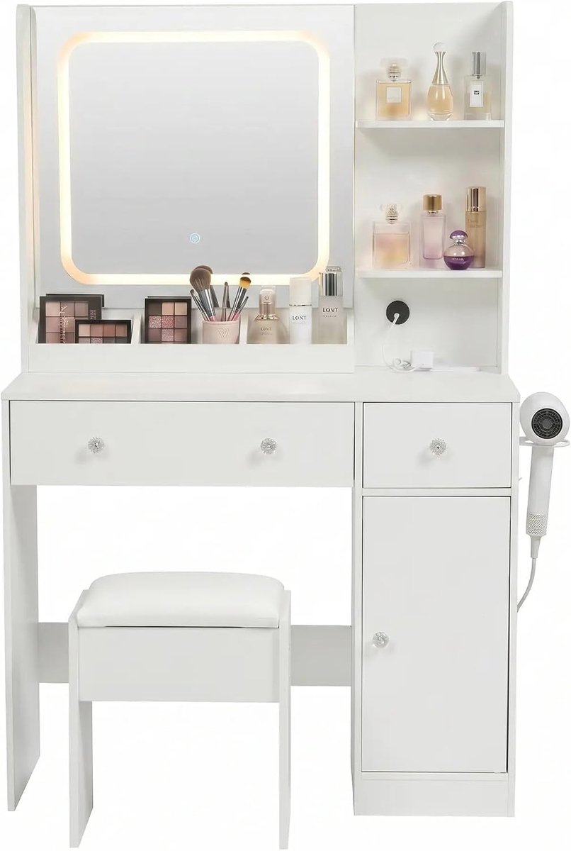 Kaptafel met LED-spiegel en opbergruimte - 87.5 x 40 x 141 cm | Industrohome