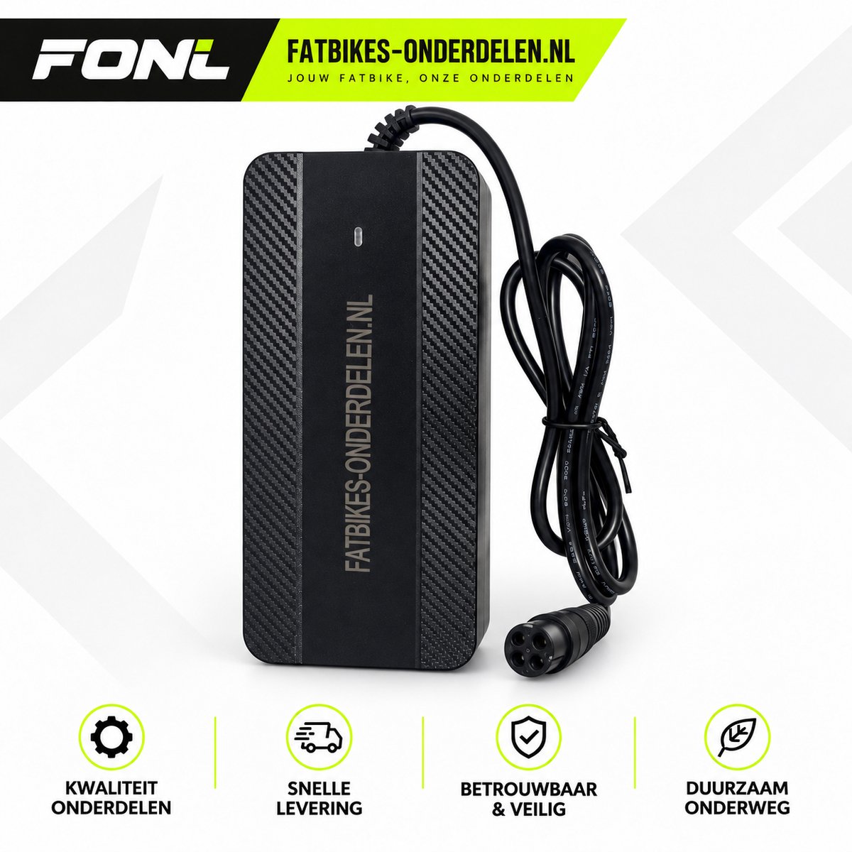 FONL Fatbike Oplader 54,6V 2A - Acculader voor QMWheel V20 en V30 - 3-Pins Aansluiting Nieuwste Model - Lader Elektrische Fiets 48V - Zwart