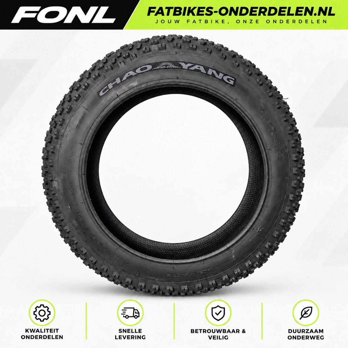 Chao Yang Fatbike Buitenband 16 x 4.0 Inch - Noppenband voor Mini Fatbike Ouxi C80 en V20 Mini - Offroad Profiel - Band Elektrische Fiets - Zwart