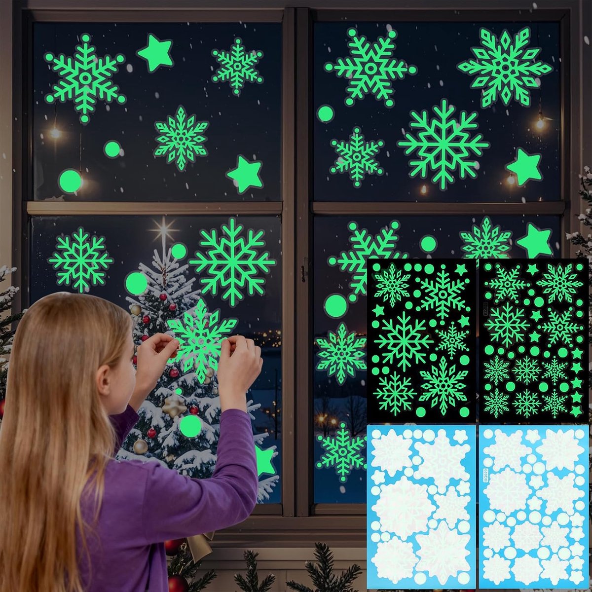 124 stuks raamafbeeldingen voor Kerstmis, kerstdecoratie raamstickers, fluorescerende zelfklevende sneeuwvlokken, kerstdecoratie, raamdecoratie, raamstickers, etalages, glazen fronten
