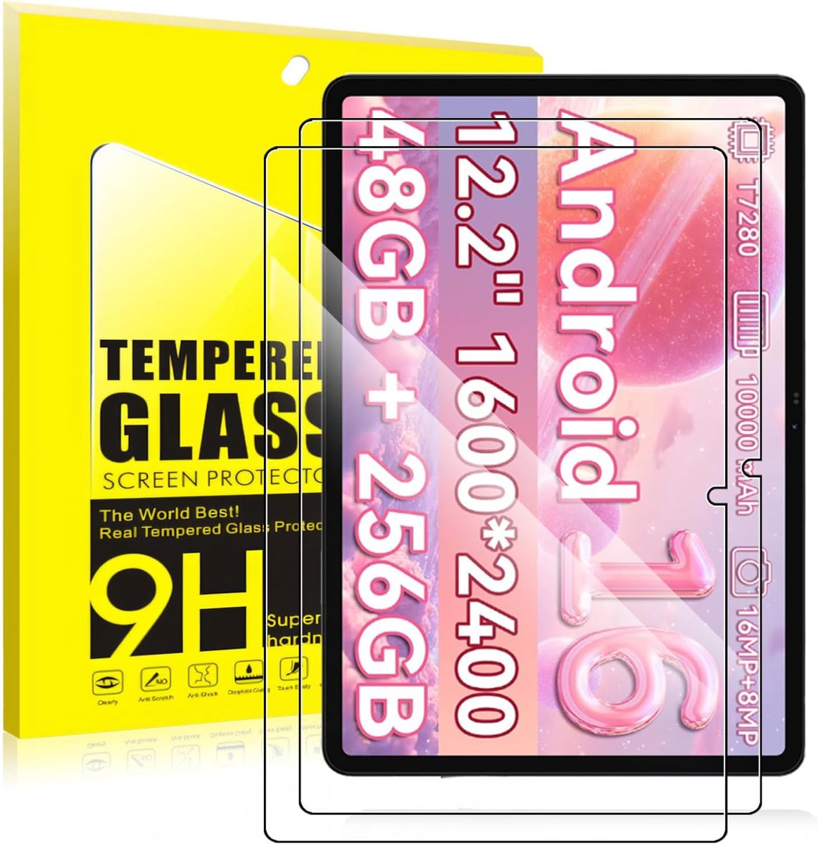 Set van 2 displaybeschermfolie van gehard glas, voor Besttaab T60 12,2 inch tablet, hardheidsgraad 9H, krasbestendig, oliebestendig en vingerafdrukbestendig, luchtbelvrij, eenvoudige