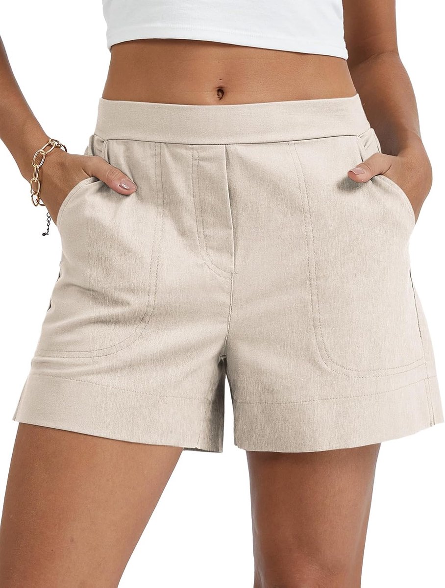 Dressy linnen shorts voor dames, zomerbroek met zakken, brede pijpen, comfortabele vrijetijdsbroek met elastische tailleband