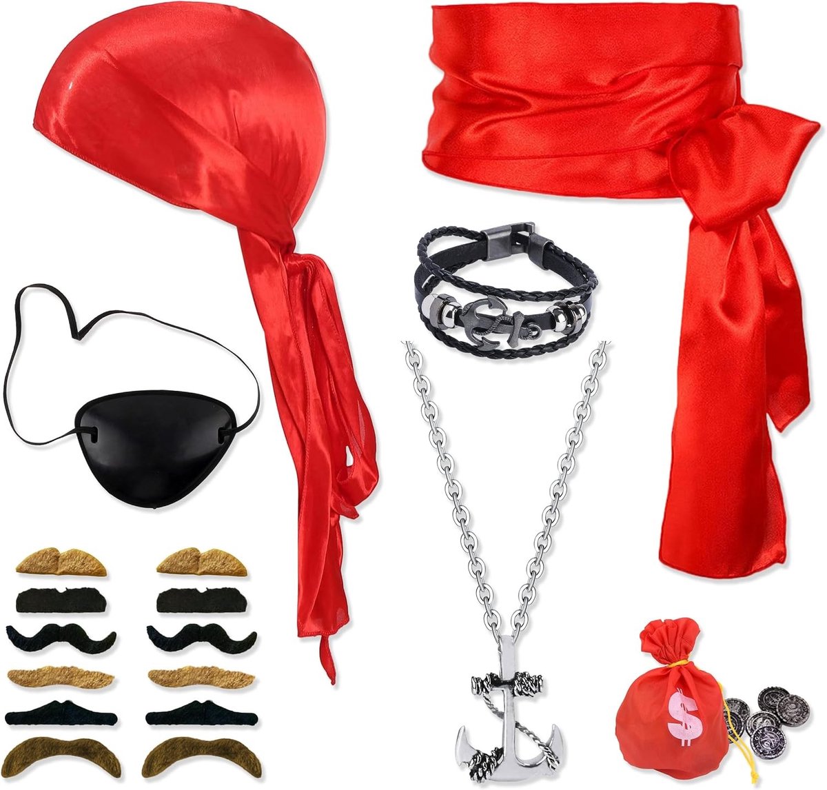 Complete Piratenkostuum Accessoires Set met Bandana, Ooglapje, Ketting, Armband en Neppor, Perfect voor Halloween en Carnavalsfeesten
