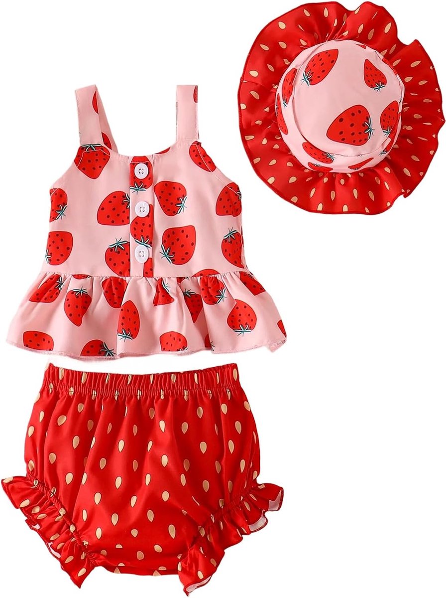 Babykleding voor meisjes, bovendeel met aardbeienpatroon, gestippelde shorts en hoed, zomeroutfits