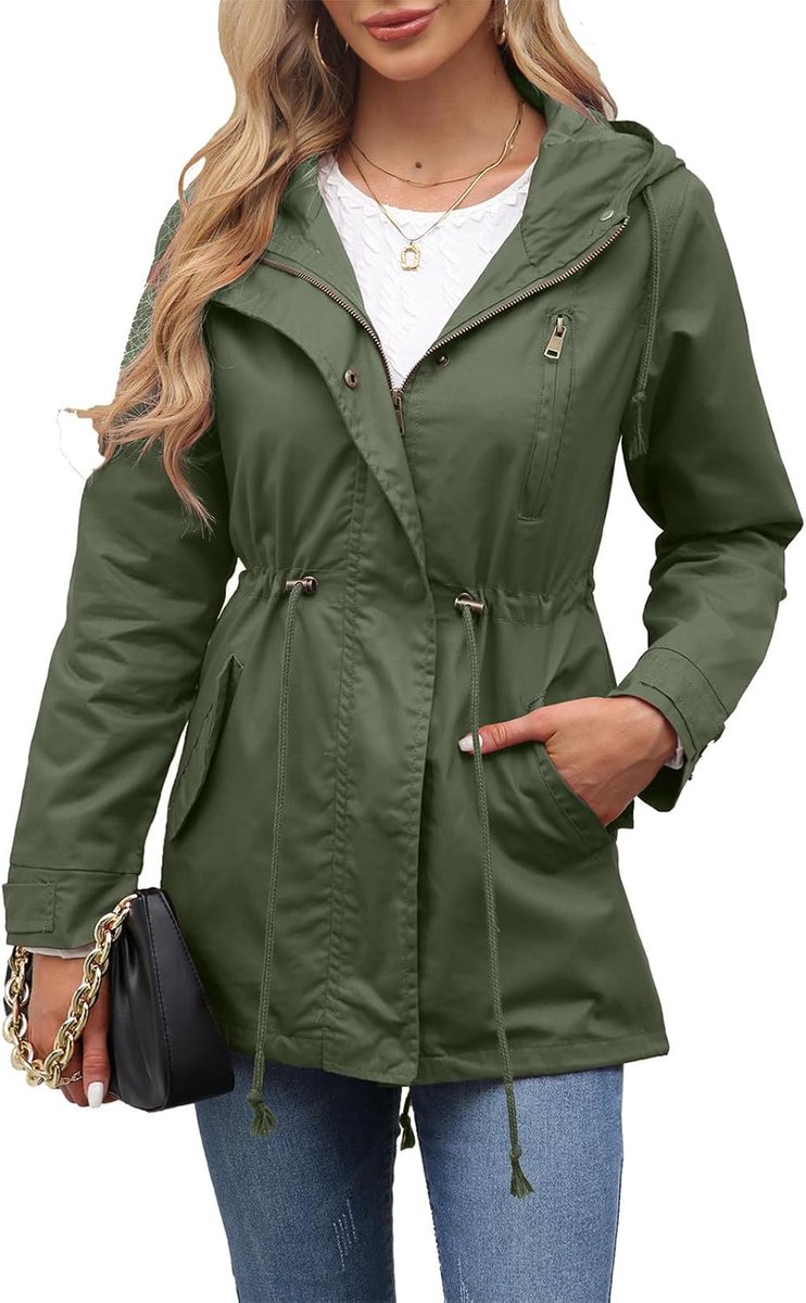 Trenchcoat met capuchon voor dames, volledige ritssluiting, trekkoord in de taille, winddicht, casual jas voor lente en herfst, woon-werkverkeer