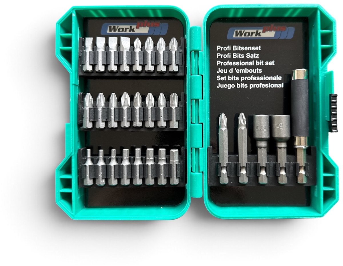 Work Plus bitset - professionele schroefbitset - magnetisch - S2 staal - uitgebreide 29-delige set in stevige cassette