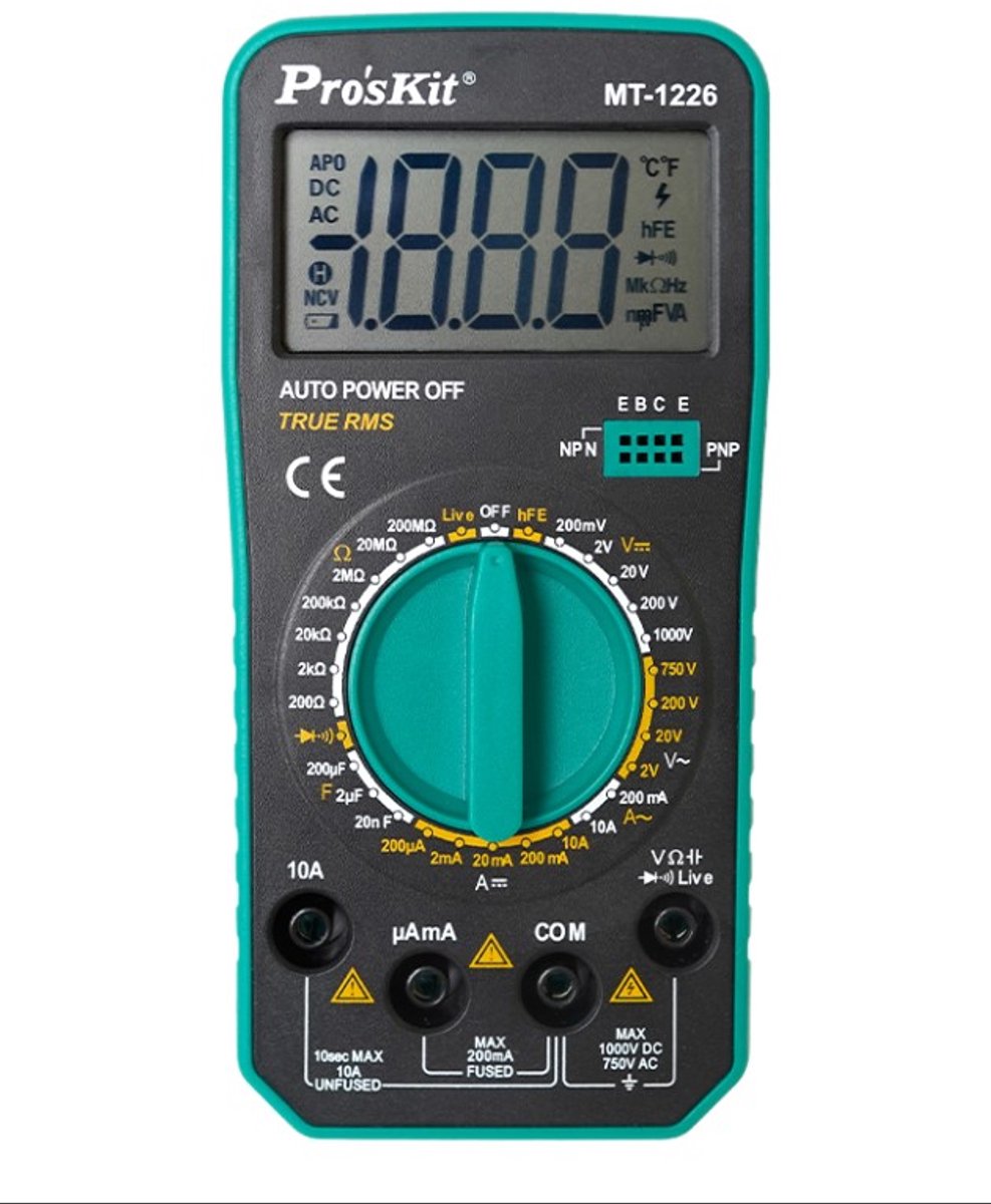 Digitale True RMS multimeter 1000/750V AC/DC, 10A, 200MΩ, 200µF, diodetest, continuïteitstest, Pro'sKit