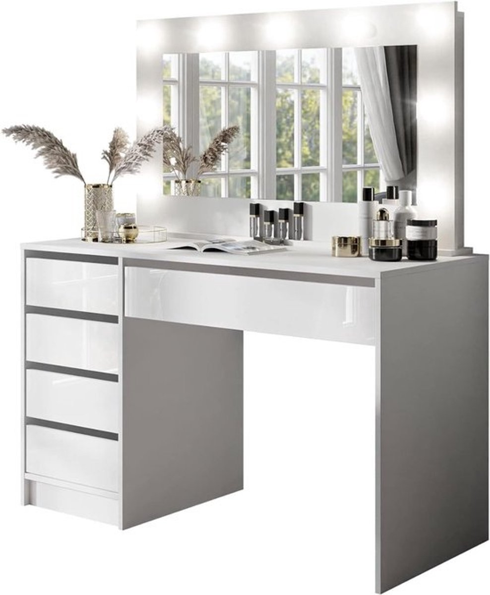 Kaptafel - Spiegel en verlichting - Hoogglans wit - Ideaal voor make-up