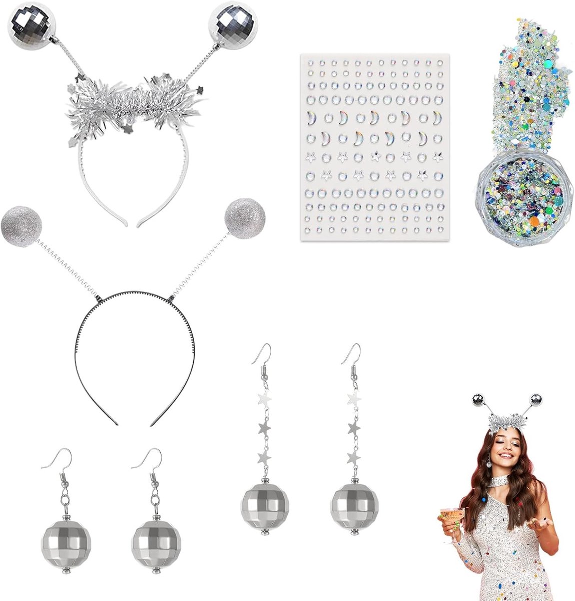 Alien Kostuum Accessoires - Set van 2 Zilveren Disco Antennes, Disco Oorbellen en Holografische Diamant voor Halloween en Feestjes