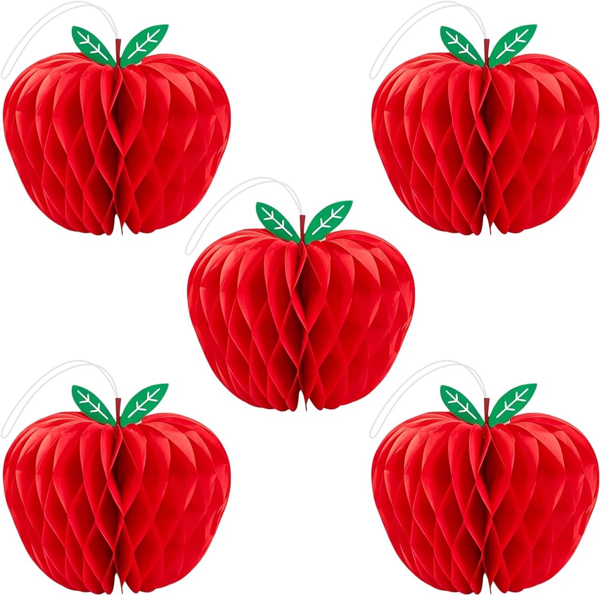 5 stuks appelhoningraatdecoratie, 3D-papieren appels om op te hangen, rood met groene steel, tafeldecoratie voor de - ShopVlot