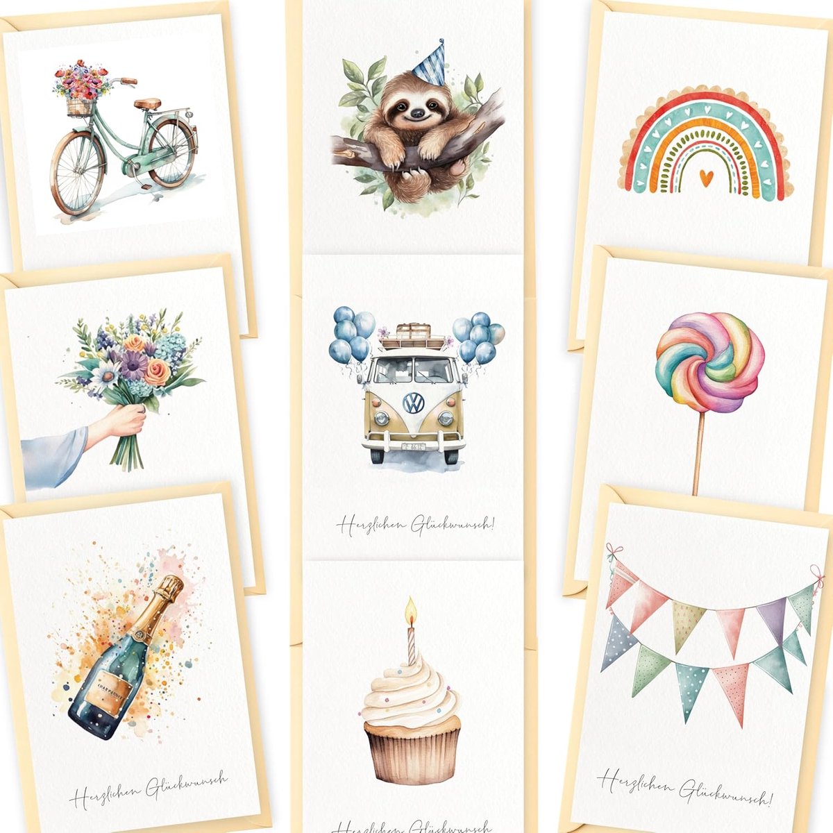 SnelShoppen - 10x Verjaardagskaarten Set met Enveloppen & Stickers - Gelukkige Verjaardag Kaarten voor Mannen, Vrouwen, Kinderen - Postkaarten voor Fe