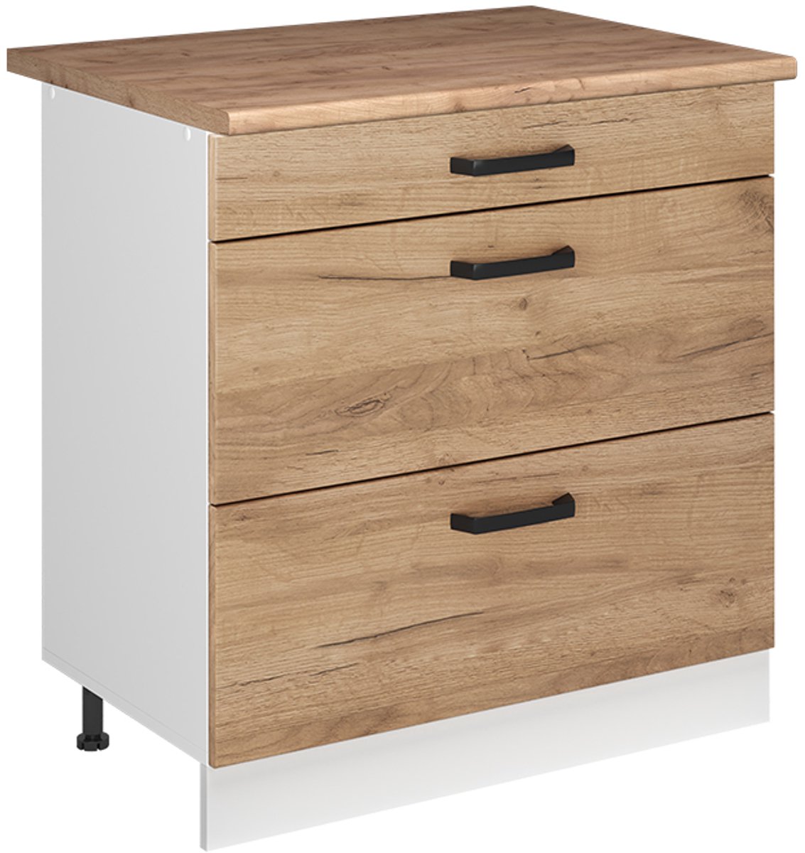 Vicco Keukenonderkast R-Line, Goudkleurig Eiken/Wit, 80 cm met 3 laden goudkleurig eiken werkblad