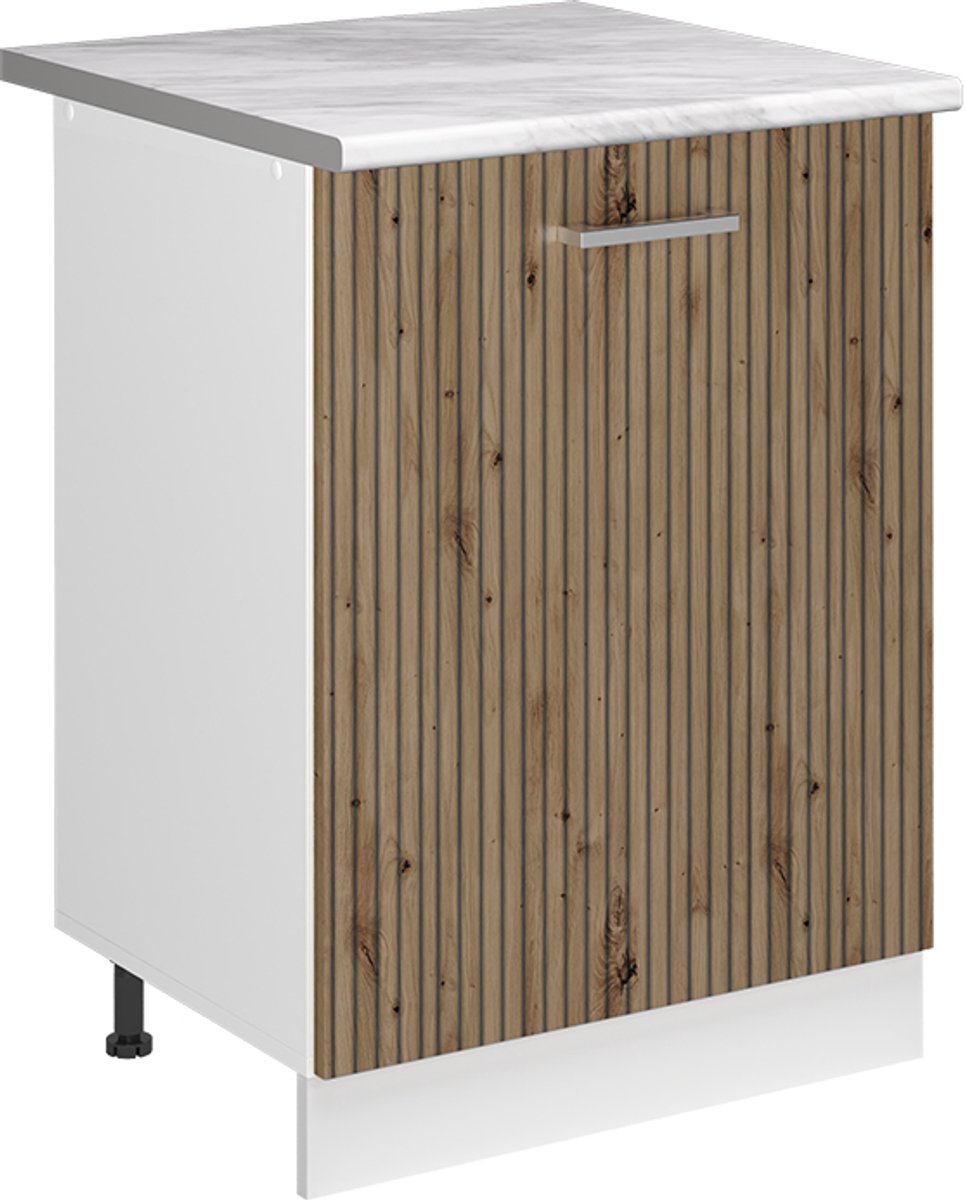 Vicco Keukenonderkast R-Line, Artisanaal eiken/Wit, 60 cm met 1 deur marmer werkblad