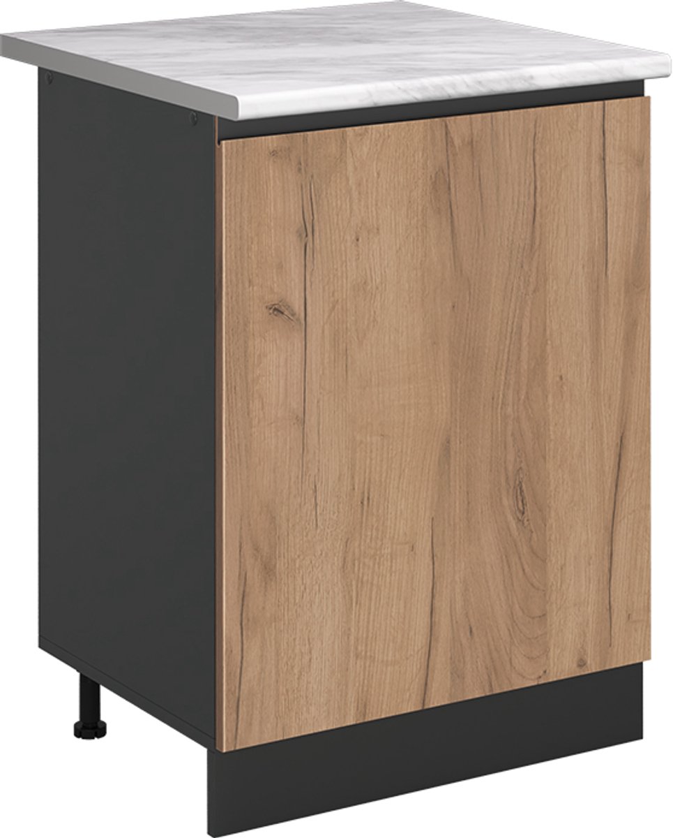 Vicco Keukenonderkast R-Line, Goudkleurig Eiken/Antraciet, 60 cm met 1 deur marmer werkblad