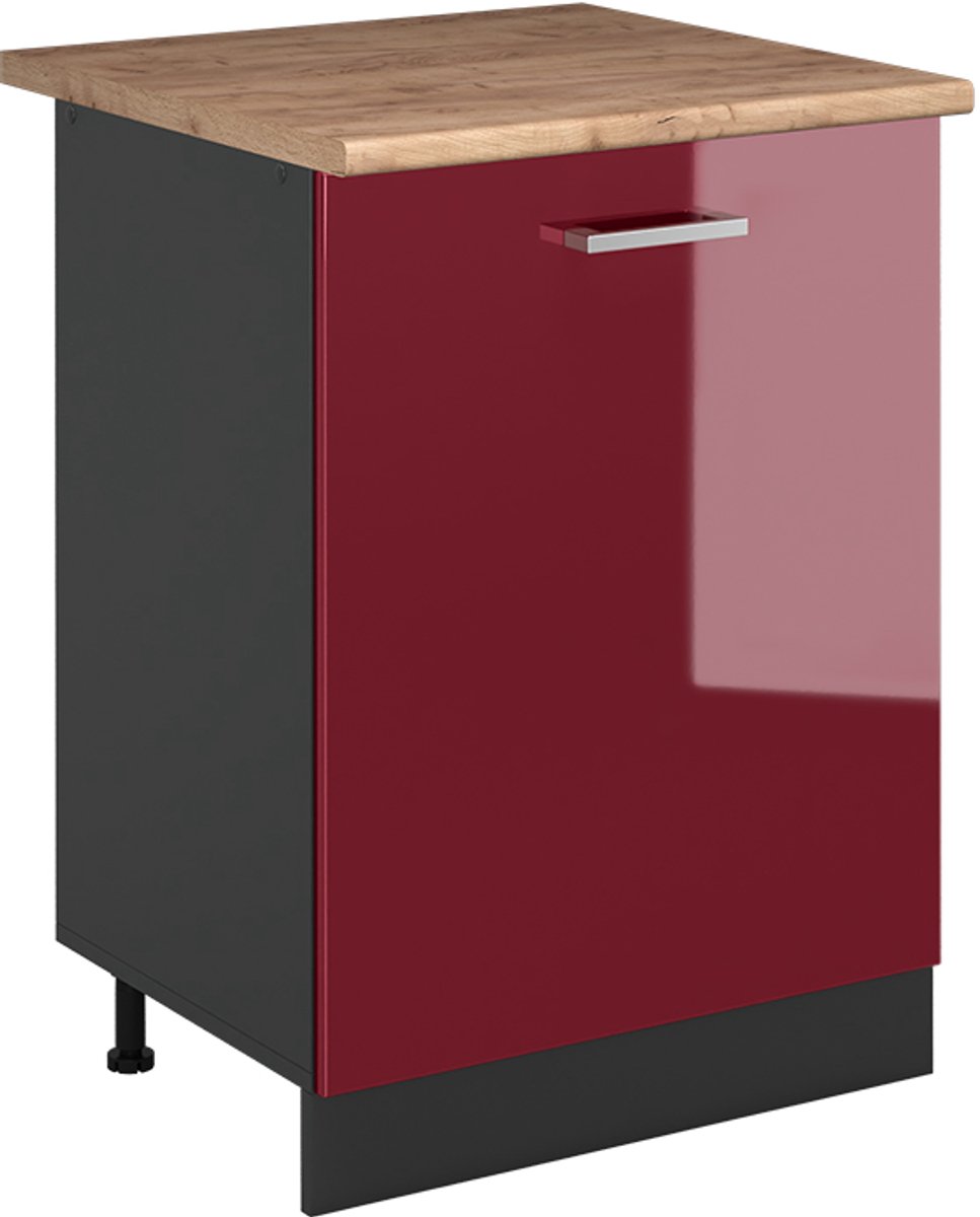 Vicco Keukenonderkast R-Line, Rode hoogglans/Antraciet, 60 cm met 1 deur goudkleurig eiken werkblad
