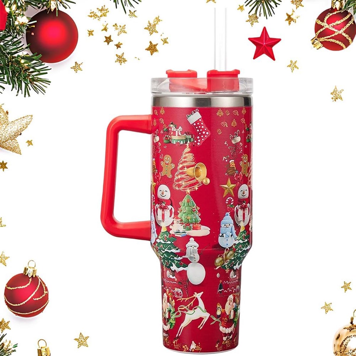 Rode kerstwaterfles, geïsoleerde kerstwaterfles, waterbeker met handvat, lekvrije drinkbeker, het perfecte cadeau voor - ShopVlot