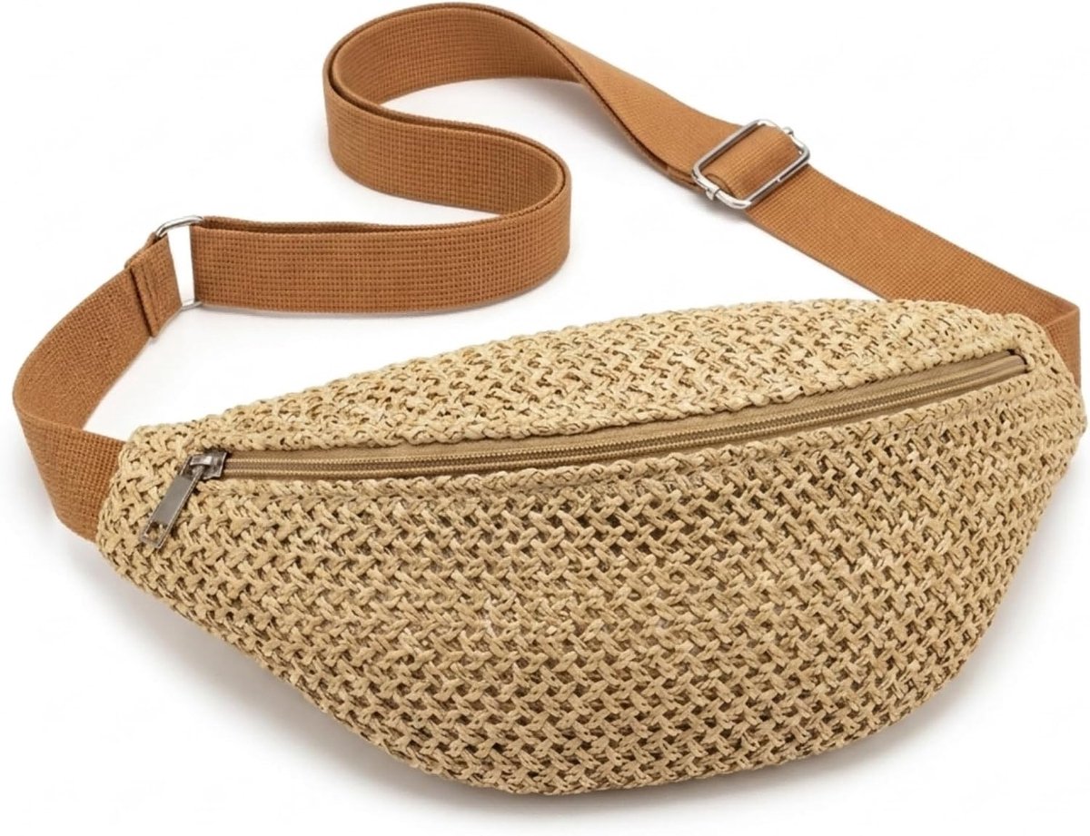 Gevlochten heuptas voor dames, stro imitatie, boho, heuptas, borsttas, verstelbare crossbody bag, klein, voor zomer - ShopVlot