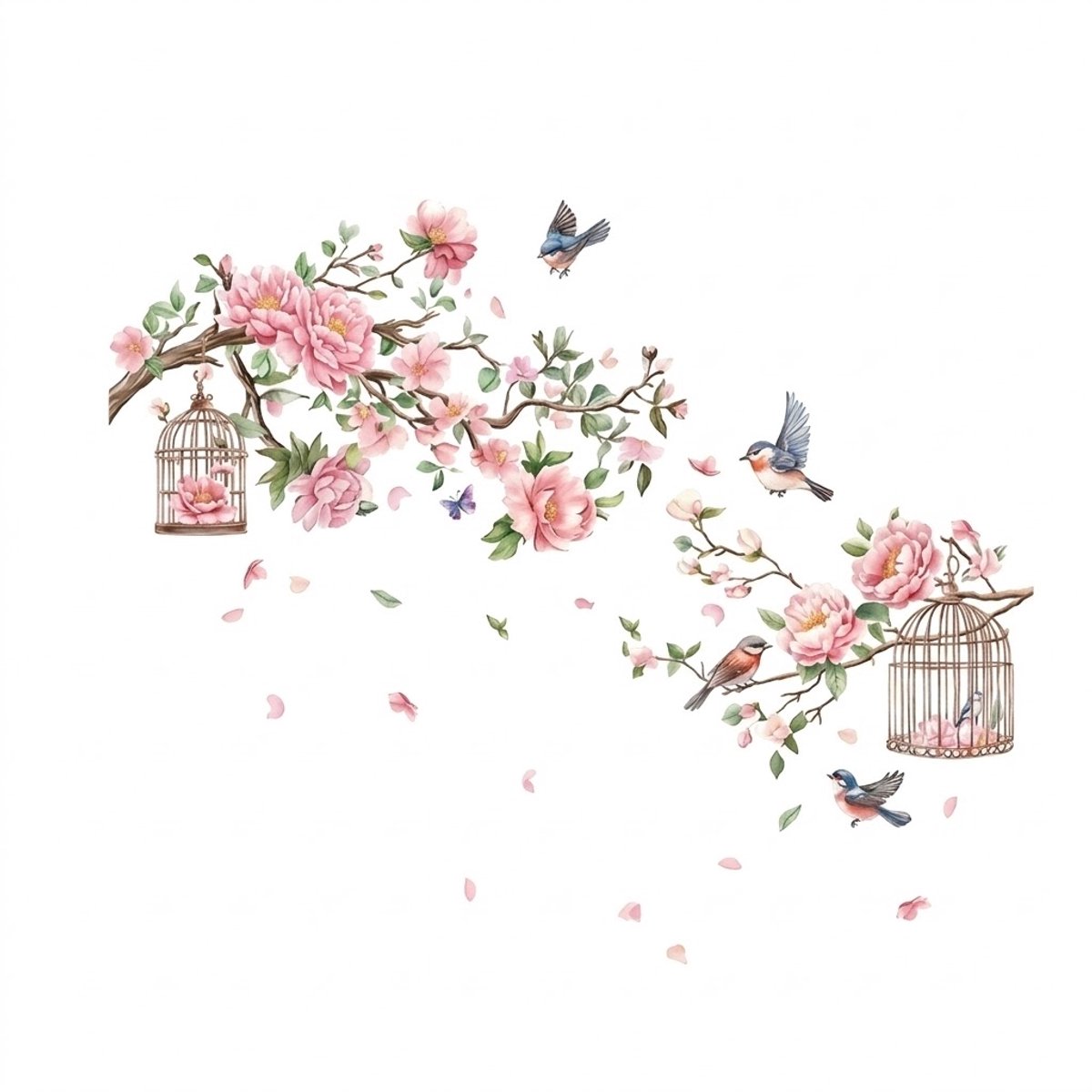 NUVEX Roze groene muurstickers met bloesemtakken bloemen vogels vogelkooien en vlinder – botanische wanddecoratie voor woonkamer slaapkamer – decoratie stickers – set van 3 vellen 30 x 90 cm
