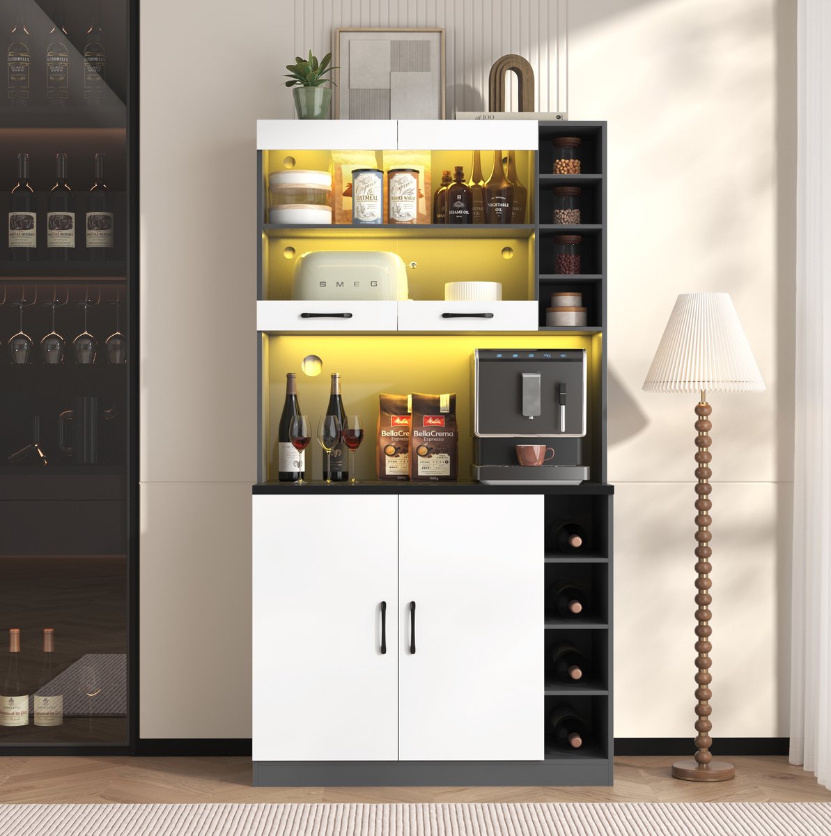 WUVRIE - Keukenkast 100 x 47 x 187 cm - LED, glazen vitrinedeel en magnetronruimte - Wit/grijs