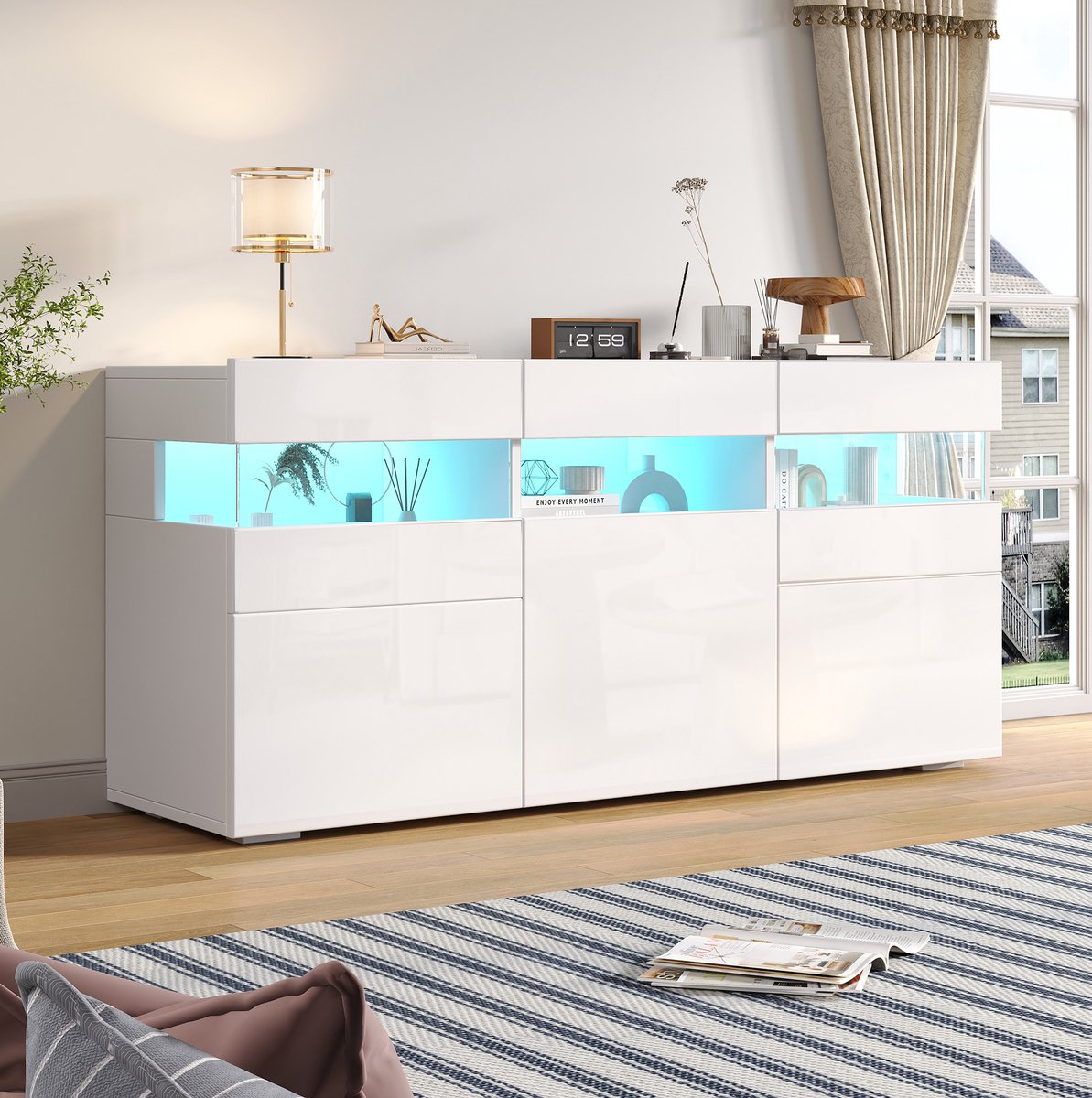 WUVRIE Dressoir 140 x 40,5 x 66,5 cm - 3 deuren, 7 opbergvakken en LED-verlichting - Hoogglans wit