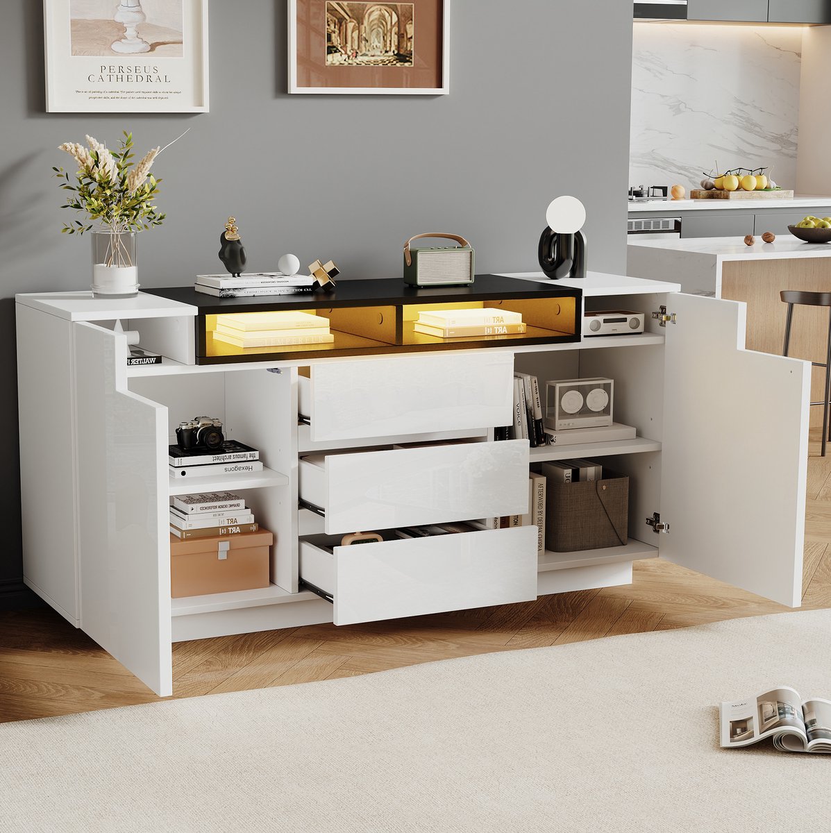 WUVRIE Dressoir 140x40x68 cm - 2 deuren, 3 lades en LED-verlichting - Wit/zwart