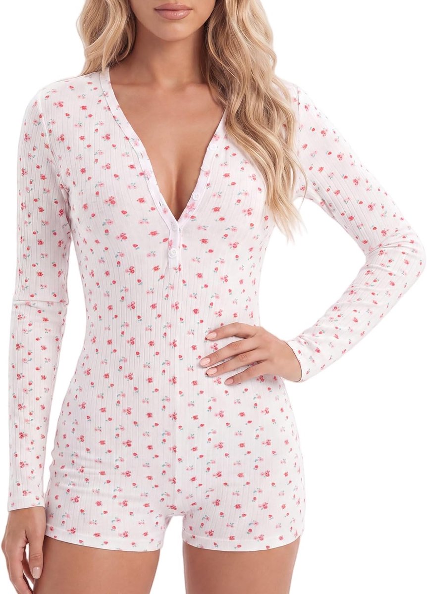 Pyjama voor dames, met bloemenprint, lange mouwen, V-hals, knoopsluiting, eendelige pyjama, loungewear, playsuit
