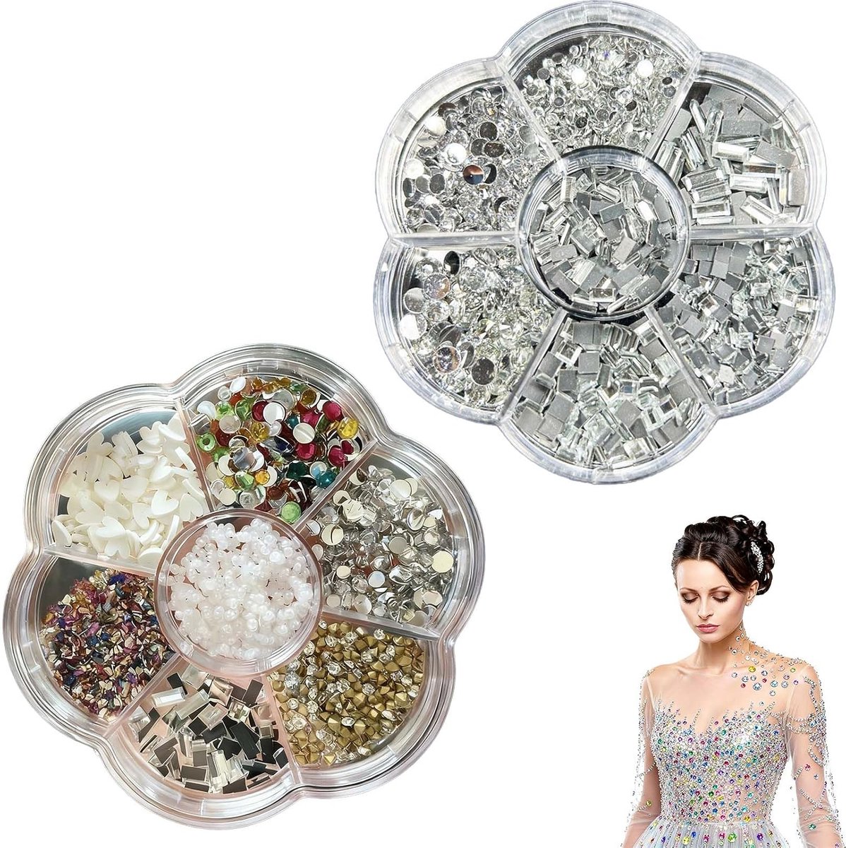 Strass-steentjes set – 2 dozen, ronde en vierkante formaten, kleurrijke kristallen steentjes voor knutselen, kledingdecoratie en nagelkunst – zelfklevend, in bloemvormige opbergdoos