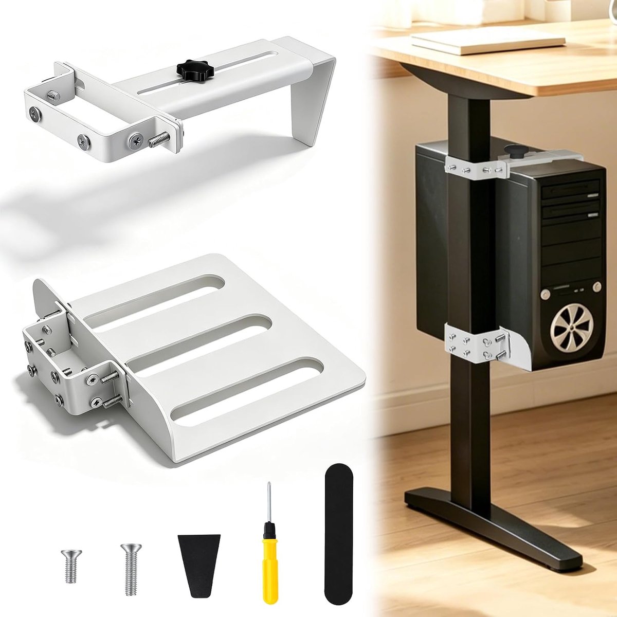 Houder onder bureau, Verstelbare PC tafelhouder zonder boren, 20 kg draagvermogen, PC-towerhouder voor tafels met in hoogte verstelbare poten, Geschikt voor bureaupoot: 65-80mm (D) x 40-50mm (B