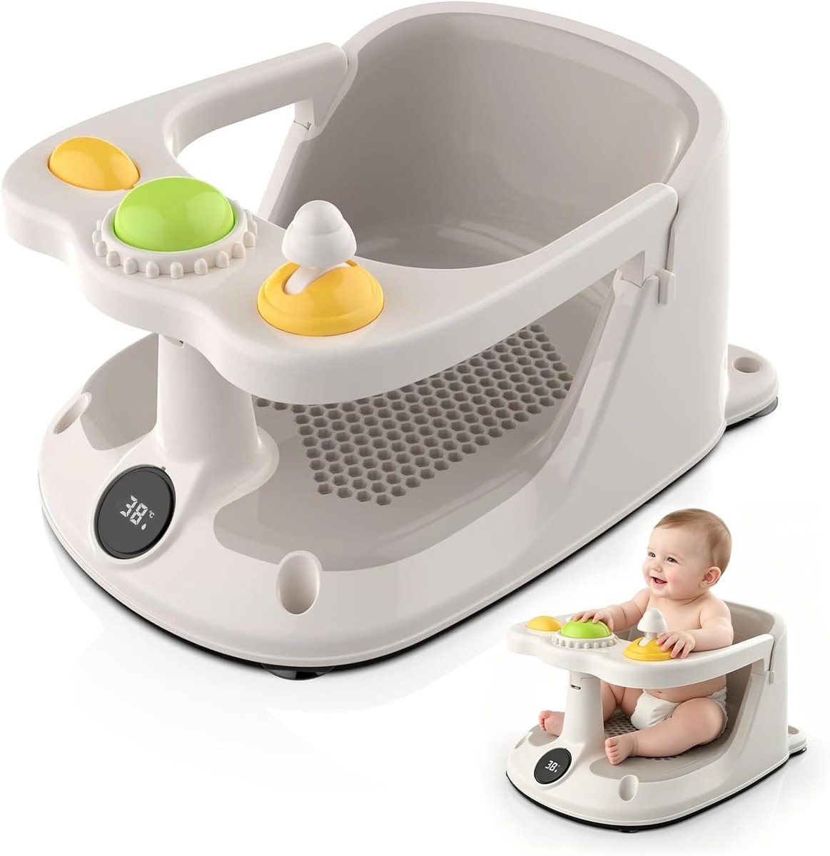 Babybadzitje met real-time temperatuurbewaking - Draagbaar babybadzitje met 4 antislip zuignappen - Badzitje voor baby's maanden, netzitje ter voorkoming van waterophoping
