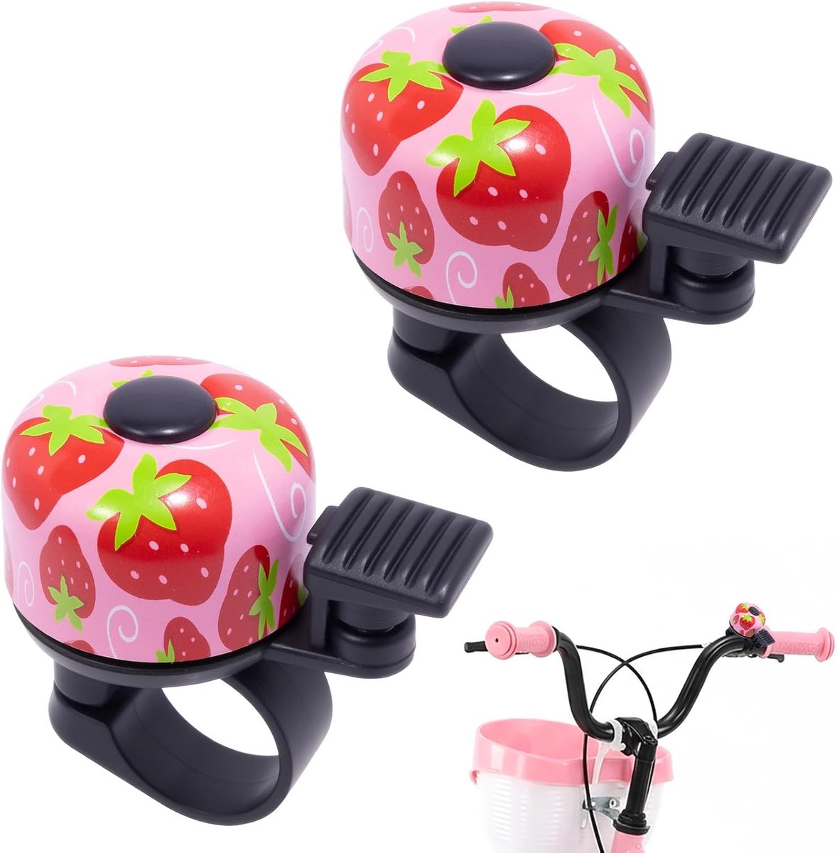 2 stuks fietsbel voor kinderen, meisjes, kinderfietsbel met aardbeimotief, fietsbel voor kinderen, geschikt voor meisjes, jongens en volwassenen, geschikt voor racefietsen, scooters en mountainbikes