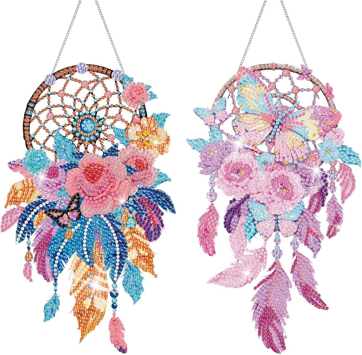2 stuks gekleurde vlinderdromenvanger diamantschilderij, doe-het-zelf zonnevanger en windgong hanger diamantschilderij knutselset, geschikt voor volwassenen en beginners, hangende decoratie voor raam