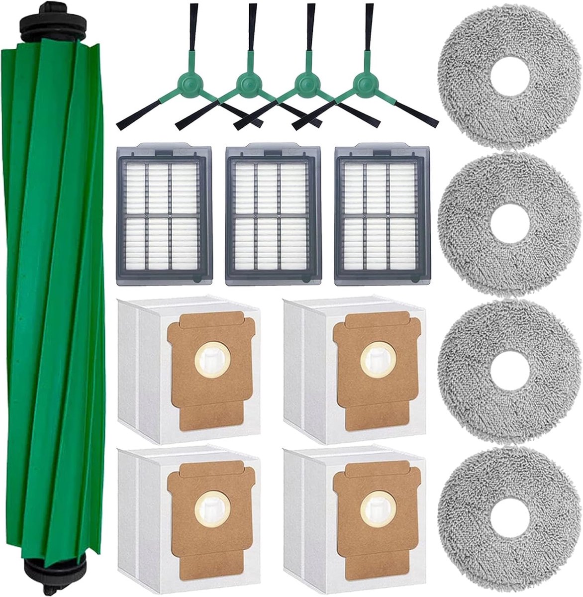 16-delige vervangende onderdelen voor iRobot Roomba Plus 505/405 Combo Stofzuiger Accessoires, Hoofdborstel*1, Zijborstel*4, Filter*3, Dweildoek*4, Stofzak*4