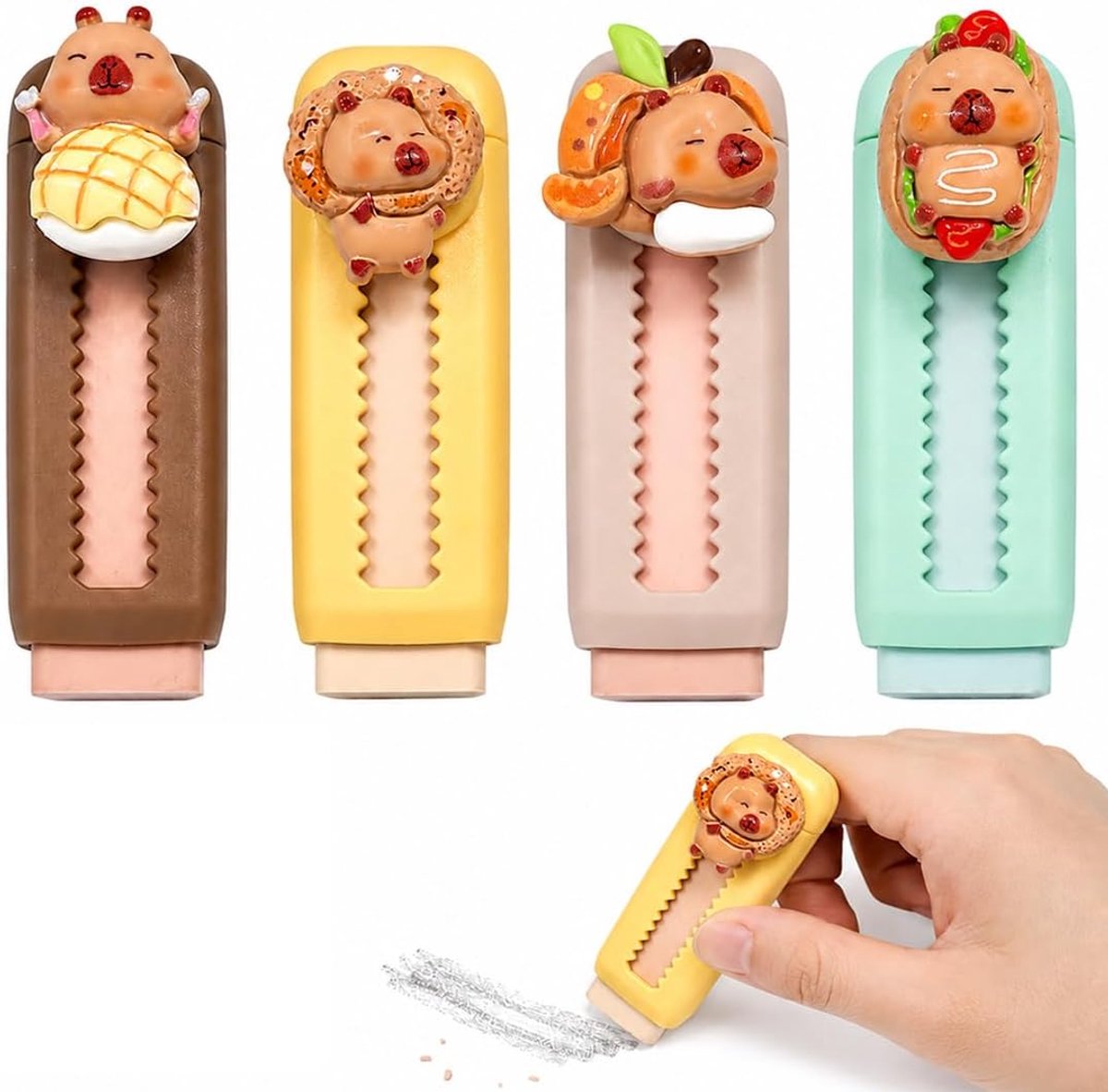 Capybara gummen, 4 stuks, geurend, intrekbaar, 4 kleuren, ideaal voor kinderen, studenten, school en kantoor - ShopVlot