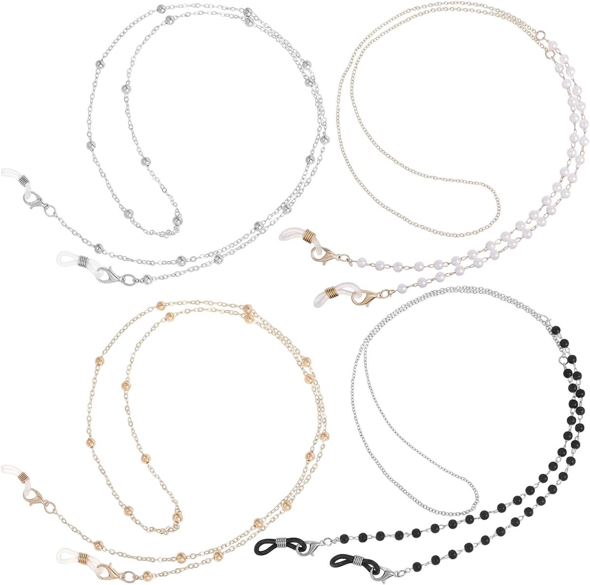 4 stuks brillenketting dames modern, brillenband parels metaal set goud zilver roségoud zwart, zonnebrilketting dames, brillenkoord en maskerketting accessoires
