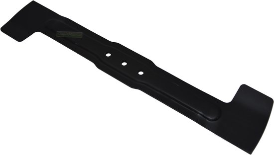 Lame de tondeuse à gazon noire de 37 cm avec trois trous de montage et extrémités courbées.