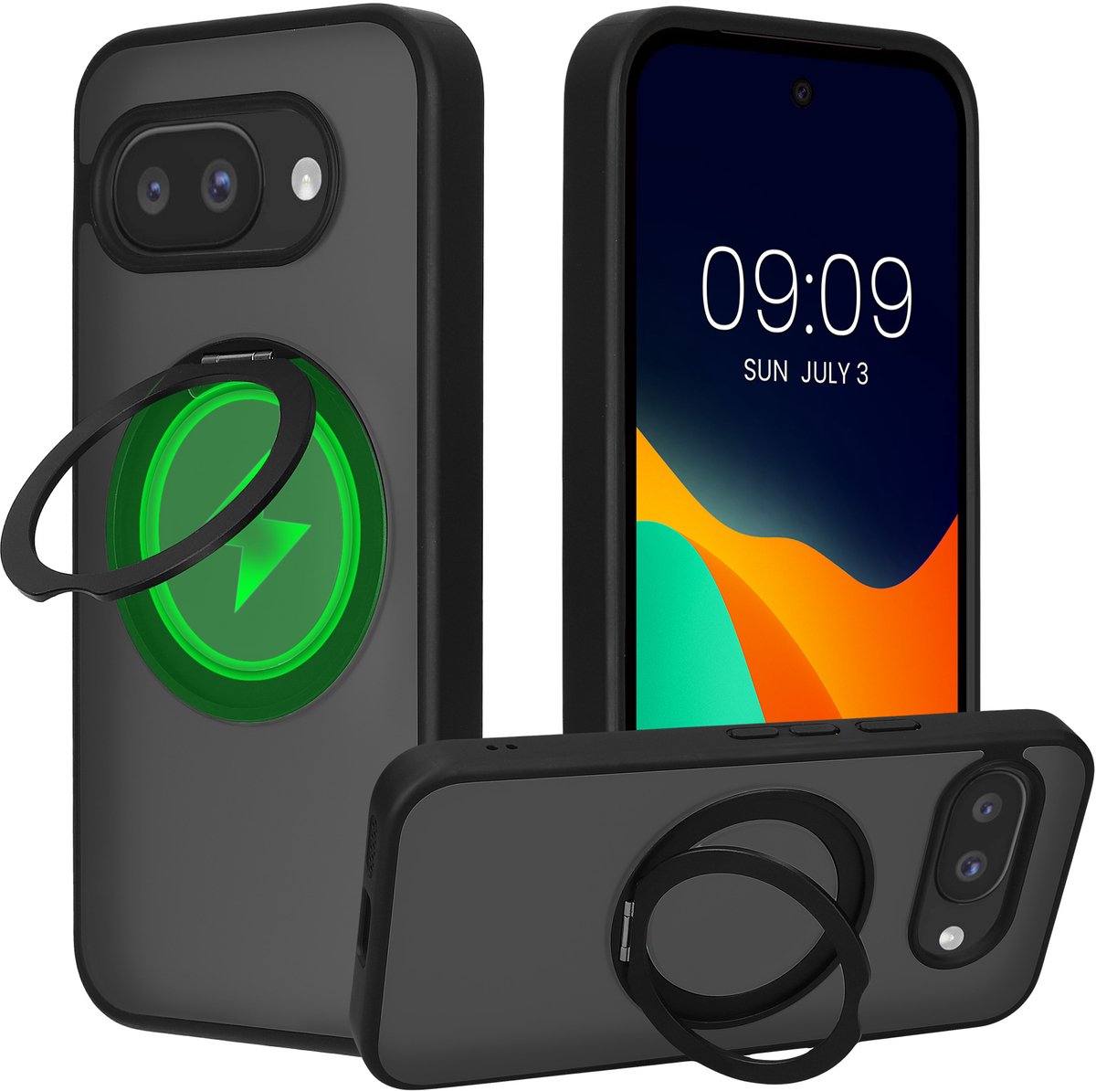 kalibri Beschermhoes met ringhouder vppr Google Pixel 10a - Kickstand 360° harde hoes compatibel met MagSafe - zwart / mat transparant
