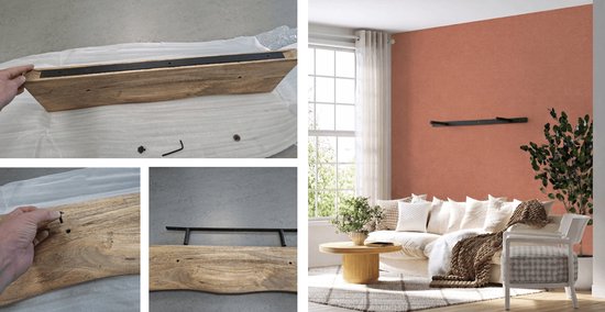 Montage van een mangohouten wandplank met zwarte metalen beugel. De plank is natuurlijk van kleur en heeft een golvende rand.