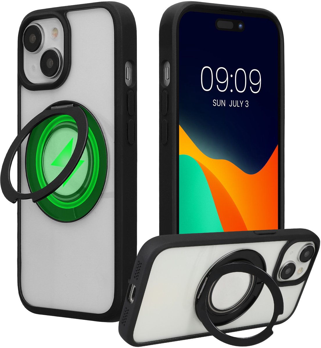 kalibri Beschermhoes met ringhouder vppr Apple iPhone 15 - Kickstand 360° harde hoes compatibel met MagSafe - zwart / transparant