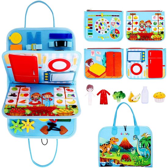 Blauw activiteitenboek met een dinosaurus tas, kalender, groenten, fruit, keuken en aankleed spel.