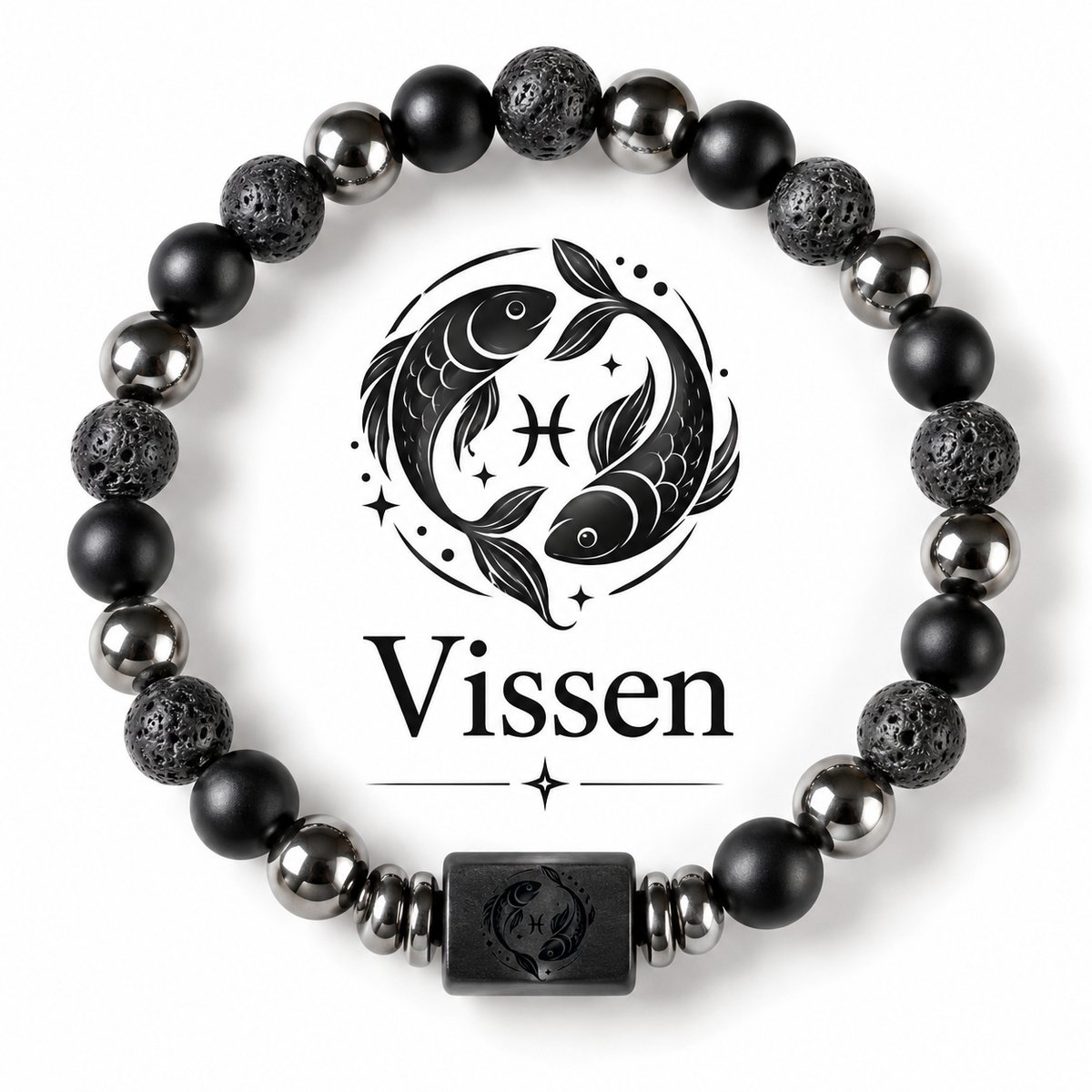 S4H® Vissen Sterrenbeeld Armband – 18 cm – 8 mm Lavasteen, Zwarte Agaat & Hematiet – Zodiac Armband – Unisex