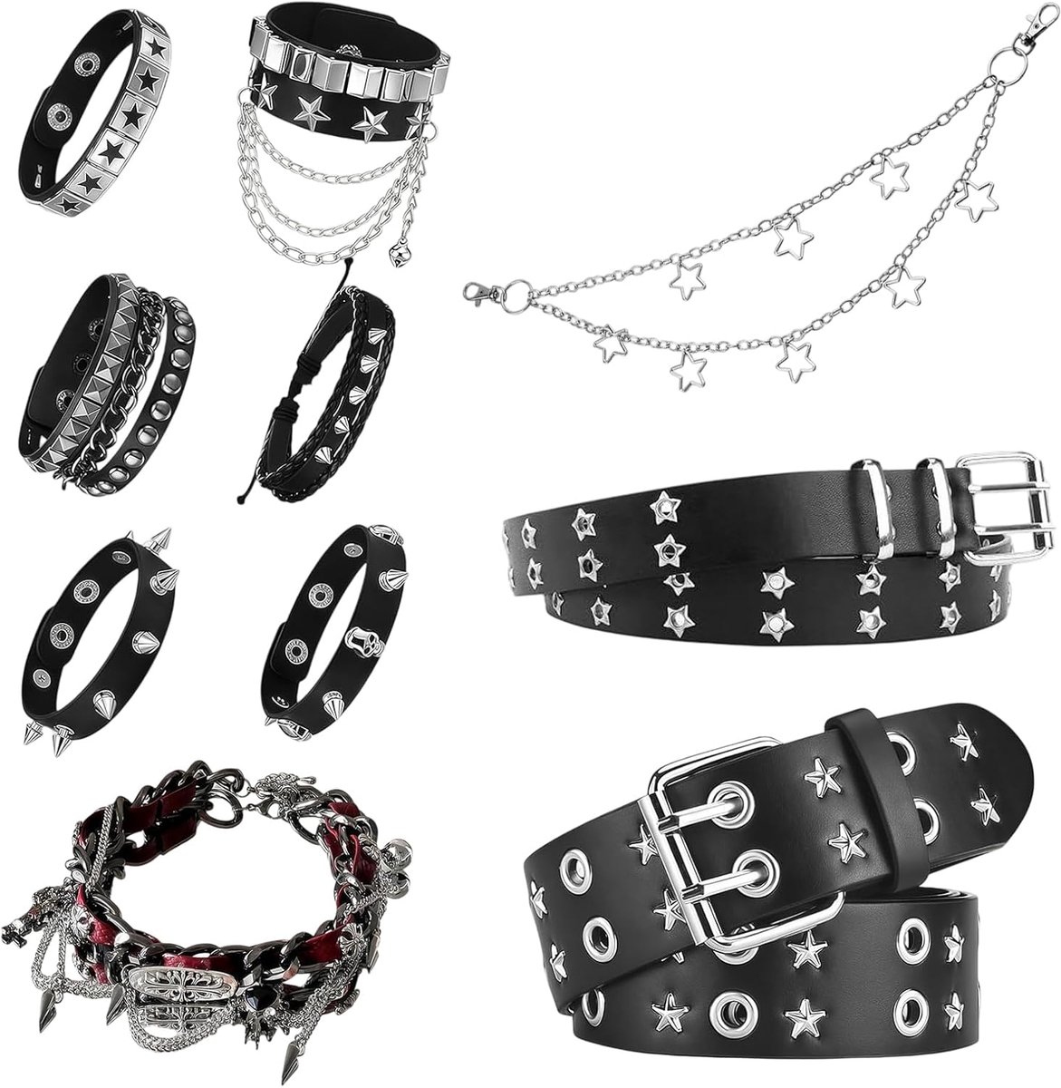 10-Piece Y2K Unisex Accessory Set - Includes Star Belt, Denim Belt, Goth Choker, Waistband and Bracelet Set - ShopVlot