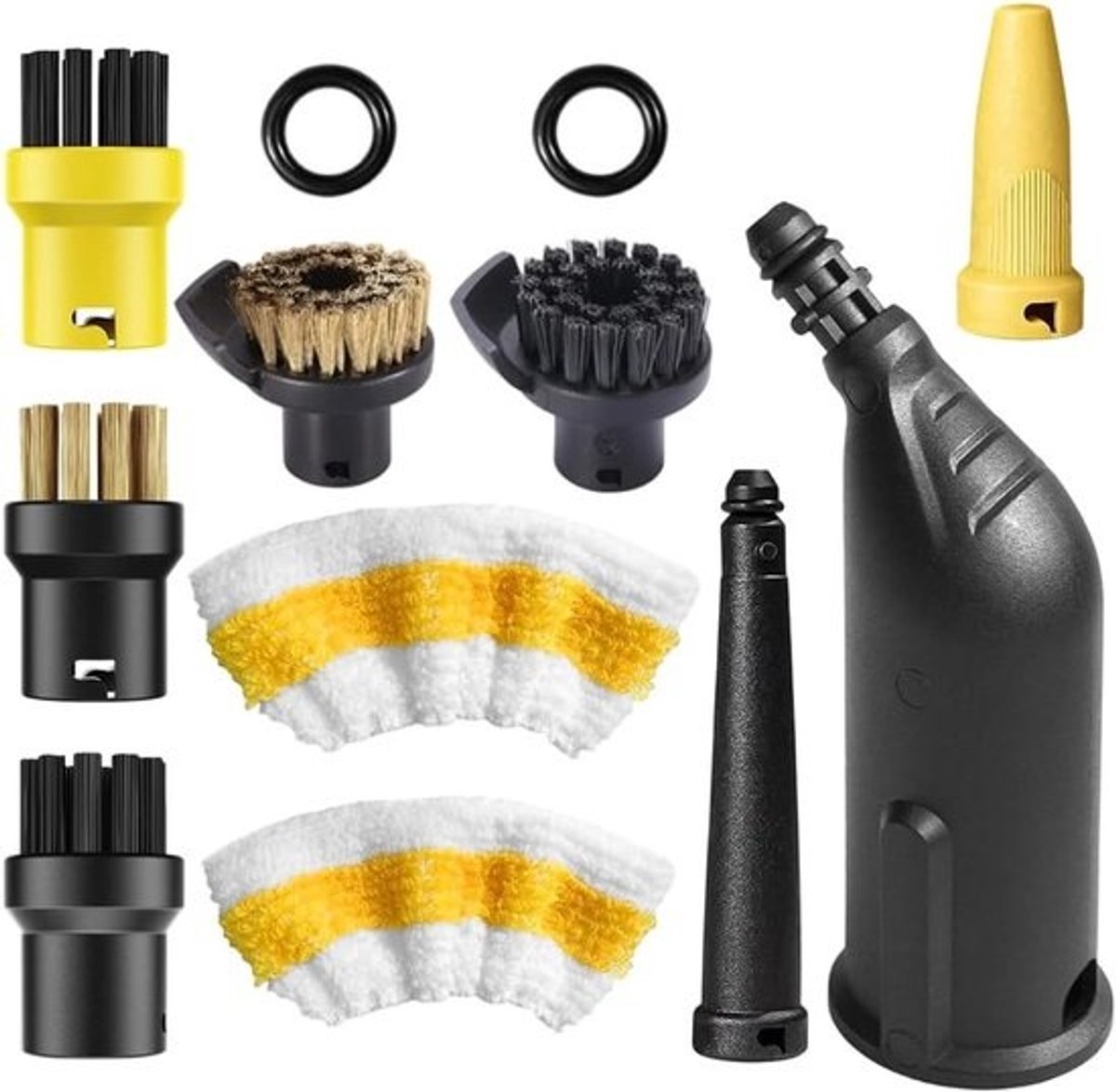 Accessoireset voor stoomreiniger - 10-delige set met verlengd en gebogen mondstuk, ronde borstels, handseals en koperborstels voor keuken en huishouden