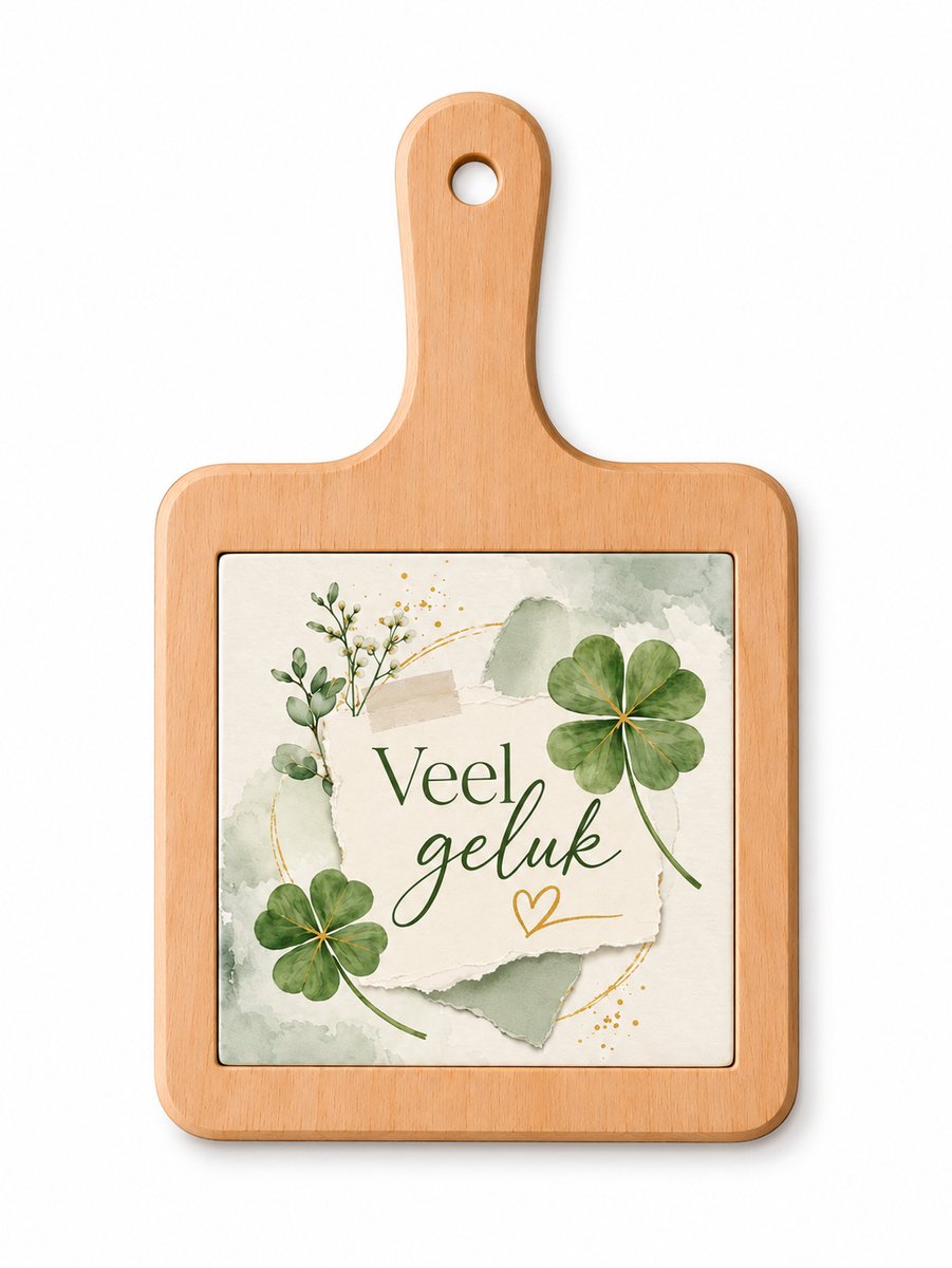 Kaasplank Veel Geluk – Met Keramische Tegel – Houten Serveerplank 18 x 31 cm – Klavertje Vier Cadeau